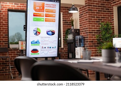 Empty Office Room With Modern Design Ready For Business Meeting. Start Up Company With Nobody In Having Bright Work Space, Pc With Management Statistics On Display. Concept Of Interior Job