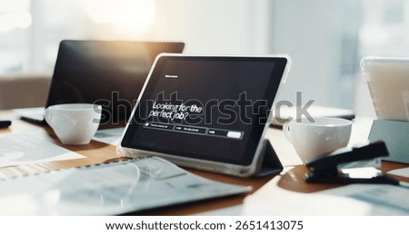 Empty office, tablet and screen for job search website with user experience, web and recruitment app. Workplace, touchscreen and tech with paperwork, homepage and virtual display at HR company