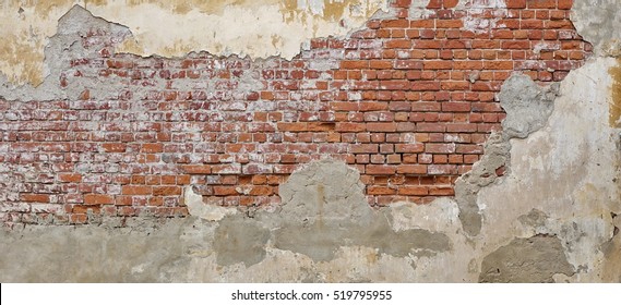 Empty Old Brick Wall Texture. Painted Distressed Wall Surface. Grungy Wide Brickwall. Grunge Red Stonewall Background. Shabby Building Facade With Damaged Plaster.  Abstract Web Banner. Copy Space. - Shutterstock ID 519795955
