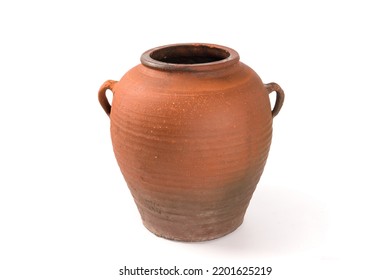 Empty Old Clay Pot Isolated On White Background.