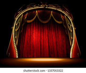 Empty Old Opera Gala Theater Stage And Red Velvet Curtains