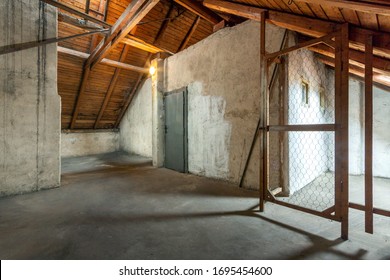 Empty Old Rustic Attic With Door.