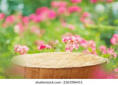 Empty old tree stump table top with blur rose garden background for product display - Powered by Shutterstock