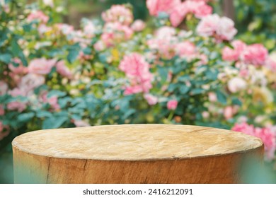 Empty old tree stump table top with blur rose garden background for product display - Powered by Shutterstock