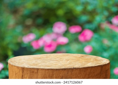 Empty old tree stump table top with blur rose garden background for product display
