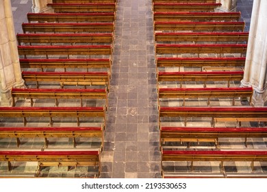 Empty Old Wooden Pews In The Church, Top View.  Church Bench Without People. Christianity, Serie.