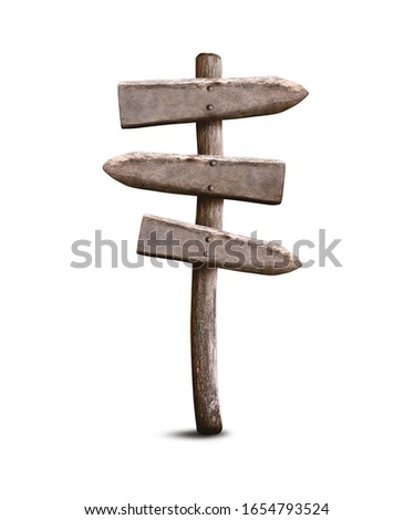 Empty Old Wooden Signpost Isolated on White Background. Left and Right Direction Guidepost Made from Weathered Wood.