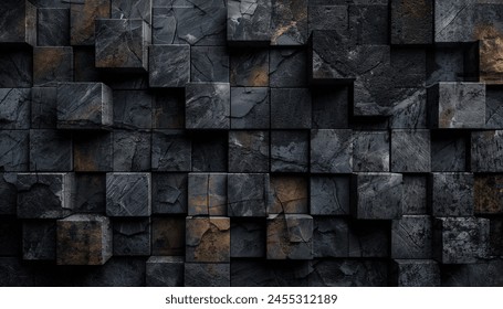 Empty old,cracked and grungy dark cement or stone wall texture backgrounds.Dark stone cubes background. Frontal view. Free copy space.