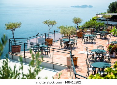 Empty Open Air Restaurant At Amalfi Coast, Southern Italy 