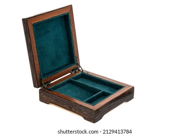 Empty Open Birch Wooden Jewelry Box With Green Velvet Lining And Vintage Accessories And Clipping Pathon White Background. Used For Storing Small Things, Luxury Packaging For Anything.