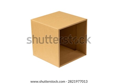 Empty open brown square cardboard box lying on its side facing forward isolated on a white background with copy space. Concept for transportation, e-commerce and financial business.
