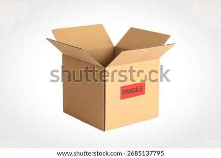 An empty, open cardboard box with its flaps extended upwards, featuring a red label on its side, isolated on a white background.