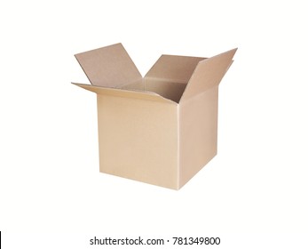 Empty Open Cardboard Box Isolated On White Background. Side View. Brown Carton Shipping Box