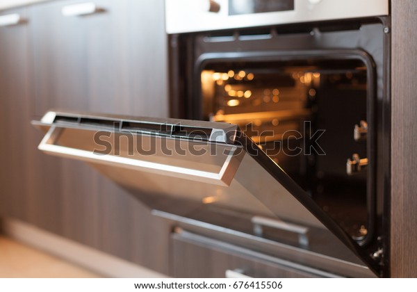 Empty open electric oven with hot air\
ventilation. New oven. Door is open and light is\
on