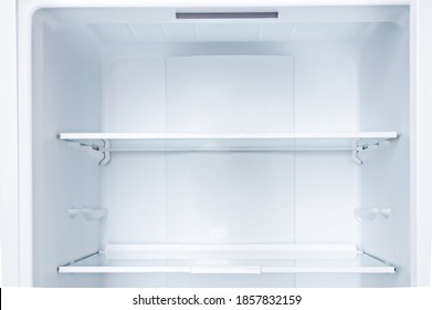 Empty Open Fridge With Shelves, Refrigerator.Copy Space.