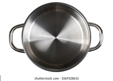 Empty Open Stainless Steel Cooking Pot Top View From Above Isolated On White Background