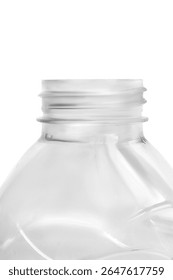 Empty opened plastic bottle neck closeup isolated over white
