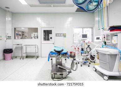 Empty Operating Room No People In Hospital With Modern Equipment.