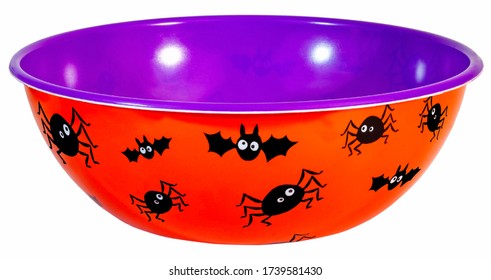 Empty Orange And Purple Halloween Candy Bowl With Bat And Spider Accents. Isolated.