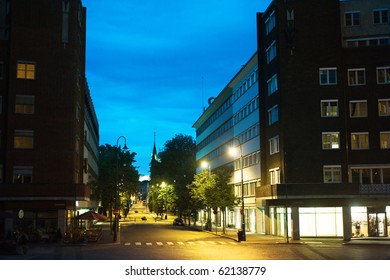 Empty Oslo Street In The City Center At Night. Norway