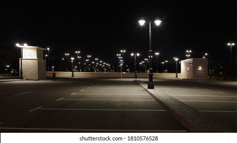 Empty Outdoor Contemporary Moscow Car Parking With Streetlights In Family Children's Park Island Of Dreams On Andropova Avenue On A Summer Night