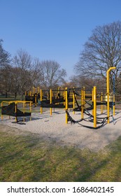 Empty Outdoor Gym In Public City Park, Closed Do To A Coronavirus Disease COVID-19 Pandemic, Secured With A Black Foil