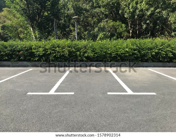 Empty outdoor parking space. Car parking lot with\
white lines mark.