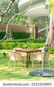 Empty Outdoor Patio Table And Chair In Garden