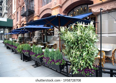 An Empty Outdoor Restaurant During Covid Outbreak. Restaurants Started Serving Meals Outdoors Due To Pandemic Dining Rules.