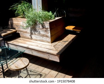 Empty Outdoor Surround Seating Wood Bench Decoration With Green Leaves Near Glass Table Top And Round Chair On Sunny Day.