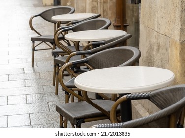 Empty Outdoors Bar, Restaurant, Cafe, Elegant Dining Establishment Area Exterior Simple Detail, Chairs And Tables Outside On The Street, Vacant Seats, Gastronomy Seating, No People, Absence, Nobody