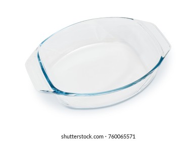 Empty Oval Glass Casserole Pan On A White Background
