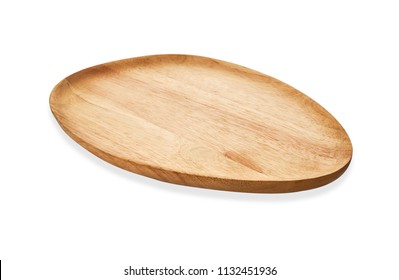 Empty Oval Wooden Tray, Oval Natural Wood Plate, Serving Tray Isolated On White Background With Clipping Path 