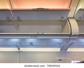 Empty Overhead Luggage Compartment Of Airplane