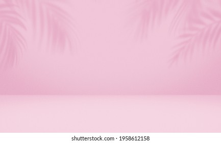 Empty palm shadow pink color texture pattern cement wall background. Used for presentation  business nature organic cosmetic products for sale shop online. Summer tropical beach with minimal concept.