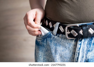 An Empty Pants Pocket And A Symbolic Sign Of Poverty And Vagrancy, Only In An Apartment Without Money.