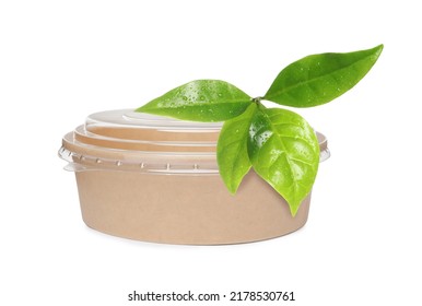 Empty Paper Bowl And Green Leaves On White Background. Eco Friendly Lifestyle