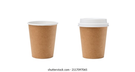 Empty paper cup for coffee made from biodegradable brown paper on a white background. Two versions with lid and without lid. Isolated object, template for advertising.