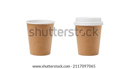 Empty paper cup for coffee made from biodegradable brown paper on a white background. Two versions with lid and without lid. Isolated object, template for advertising.