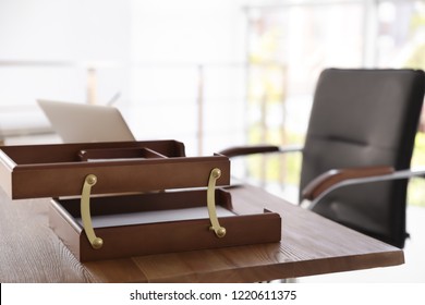 Empty Paper Holder On Desk In Notary's Office