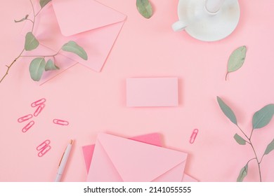 Empty Paper Mock Up. Business Card, Letter, Envelope For Branding On Pink Background. Marketing, Wedding And Email Newsletter Concept.