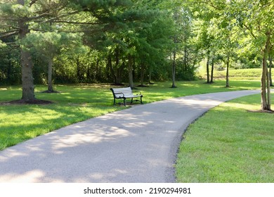 The Empty Park Bench On The Pathway In The Park.