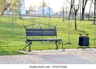 Empty Park Bench In Spring Morning