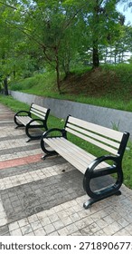 Empty park benches on a patterned stone pedestrian pathway in a city park at daytime.