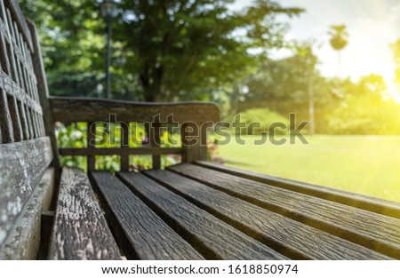 Empty Park wooden bench Closeup view. Wood exterior material. Wood material details.