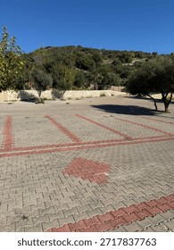 Empty parking lot with interlocking brick pavement and trees in sunny landscape background. Mobile photo
