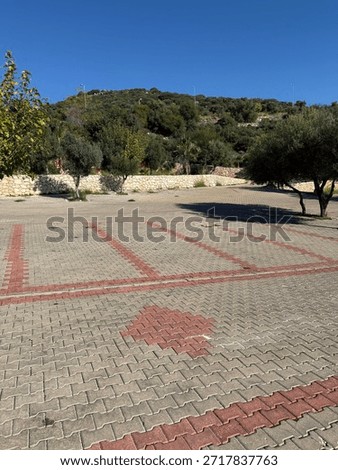 Empty parking lot with interlocking brick pavement and trees in sunny landscape background. Mobile photo