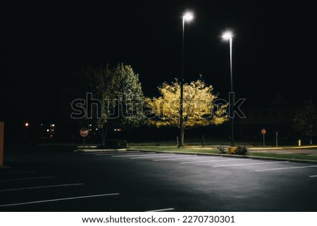 Empty parking lot lit by street lights.