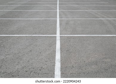 Empty Parking Place, Row Of White Lines Marking Parking Spaces On Asphalt, Outdoor Carpark.