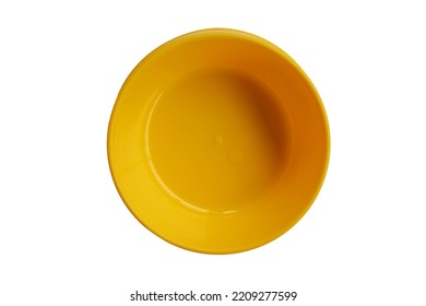 Empty Pet Bowl Yellow Isolated On White Background Closeup.